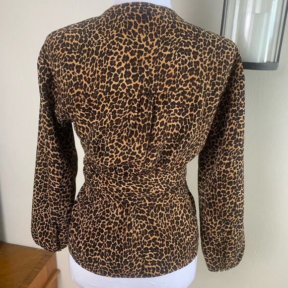 J. Crew Size S Peplum Sara Leopard Print Wrap Top Blouse Black Tan Long Sleeve - Picture 9 of 15